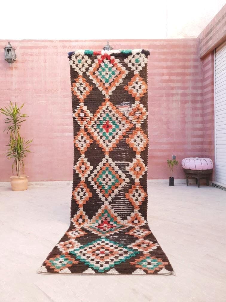 Vintage Moroccan Rug 2.6x9.2 Brown Boho retro runner Rug Morrocan rug  bedroom rug, living room rug boujaad accent rug
