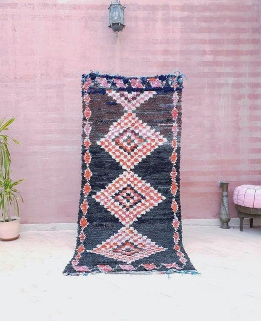 Vintage Black Boucherouite Runner Rug, Moroccan Berber Rug (3.3x7.5 ft)