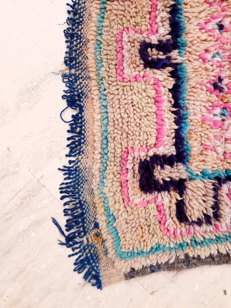 Vintage Moroccan rug 4x10.2 Gorgeous Boujaad rug, Blush Aqua Beige Pink pastels rug vintage berber boujad hallway rug