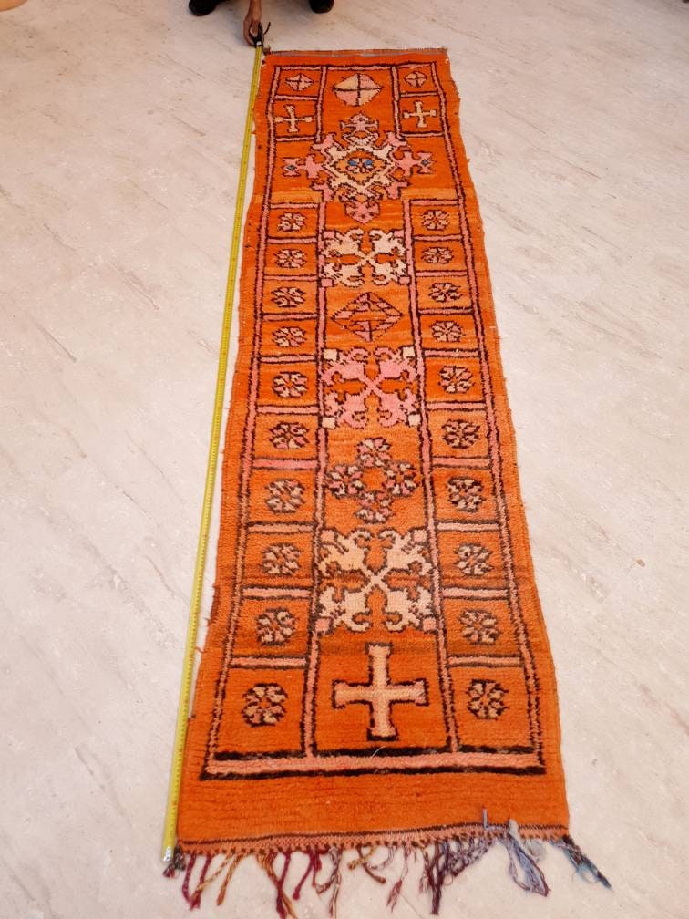 Vintage Boujaad Runner Rug: 2.5x9.8, Papaya Orange Berber Rug