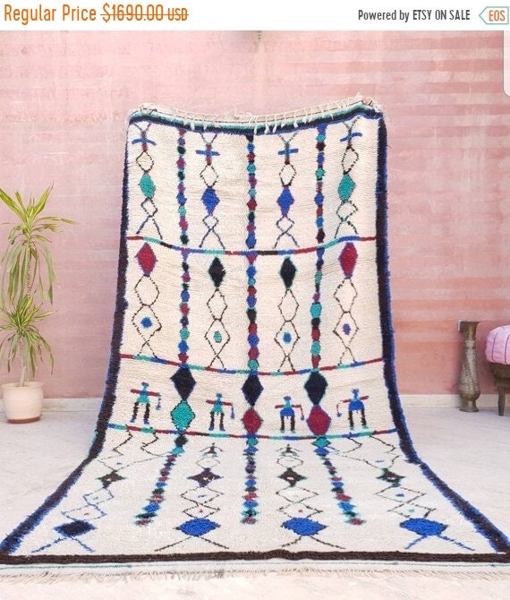 Vintage Beni Ourain Rug, 5x10 Moroccan Berber Rug, Teal & Red Accent