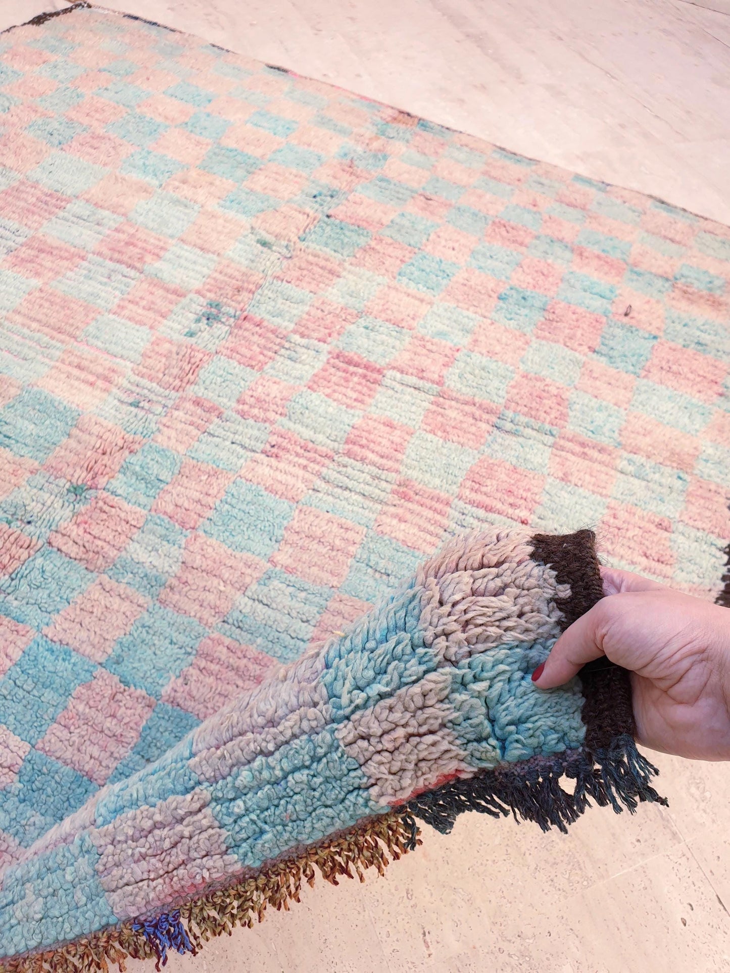 Pastel Checkered Boujaad Rug, 5.1x5.4 ft pastel aqua blush rug, Vintage Moroccan rug, Vintage Boujaad squarish rug