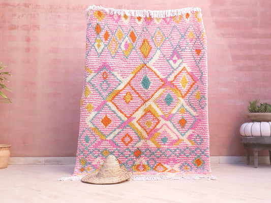 Azilal Wool Rug 4.1x5.7 ft • Custom One-of-a-Kind Moroccan Rug • Handspun Wool • Pink Turquoise Orange Diamond Design • Berber Tribal Rug