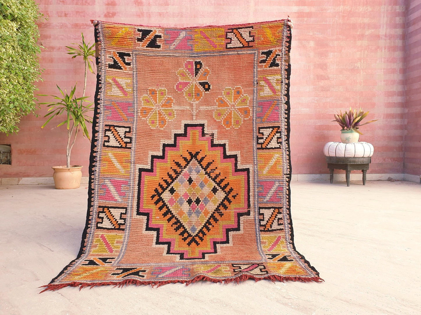 Vintage Moroccan Rug, Squarish Boujaad in Peach and Sunset Tones, 3.5x5 ft