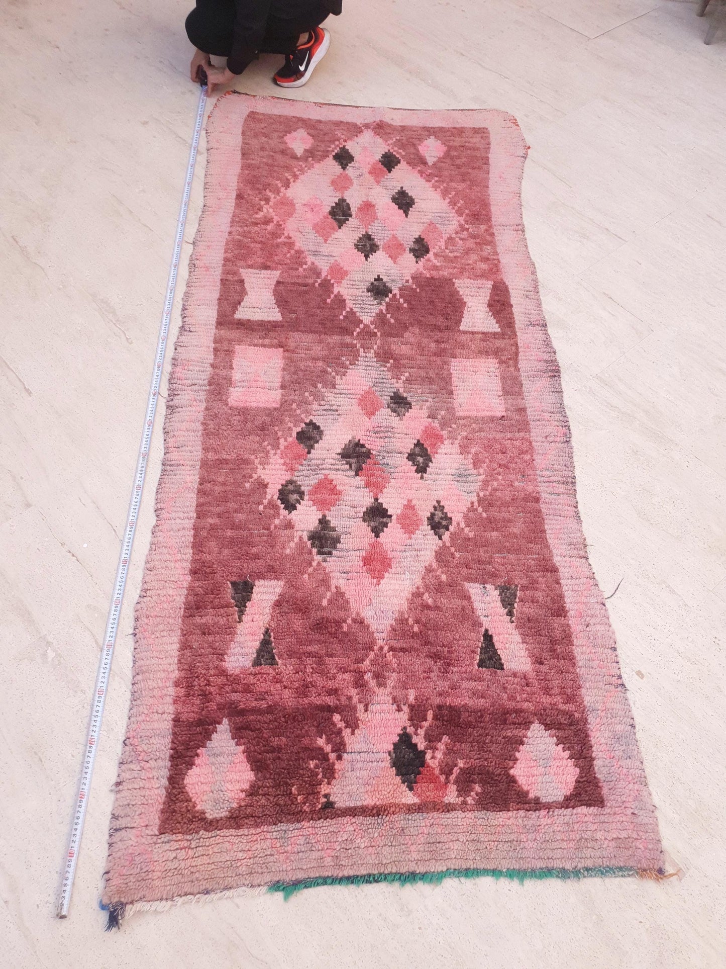 Vintage Moroccan Rug 3.5x8.5 Gorgeous Boujaad Blush Pink Brown rug, Beige Cream Hallway rug, Unique runner rug Authentic Berber Boujad rug
