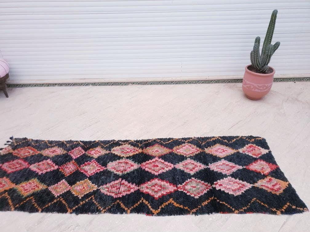 Vintage Moroccan Rug 3x9 Black Rug, Retro runner Rug, Unique Hallway Rug, boujaad accent rug boucherouite rug