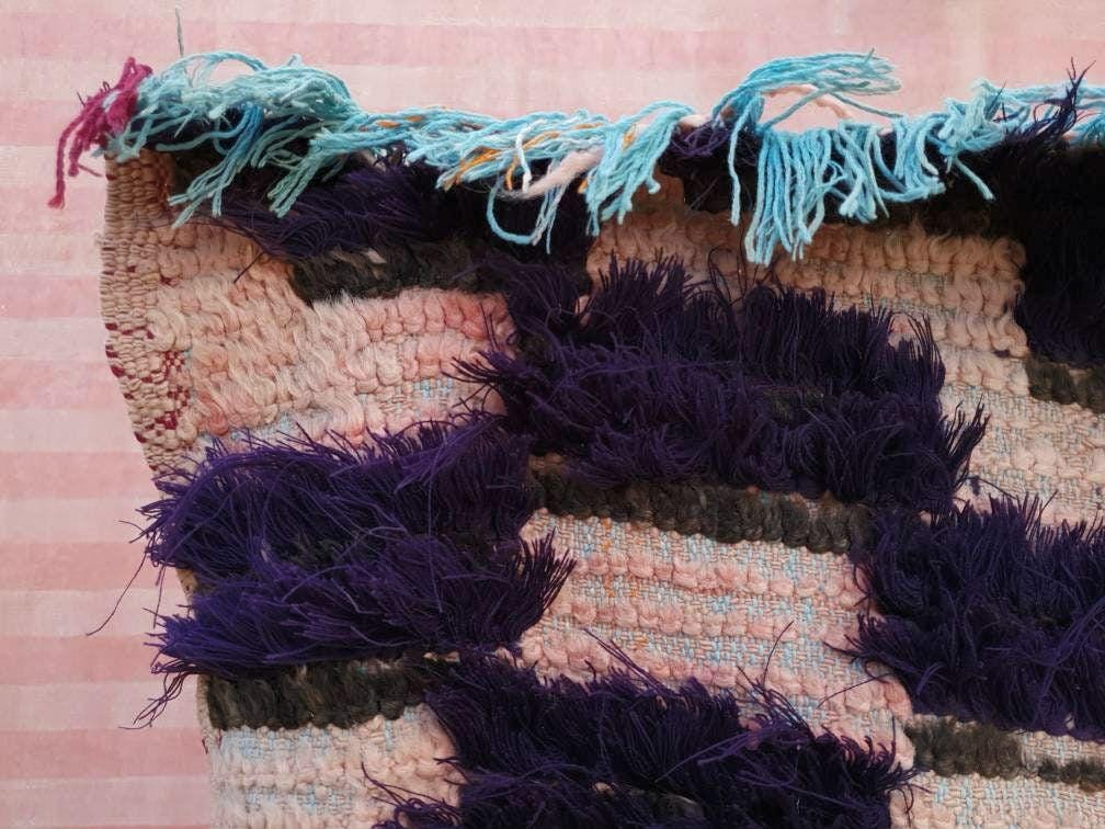 Vintage Moroccan Rug, Unique Checkered Blush powder Pink and Purple Boujaad Rug boucherouite rug, Unique accent rug