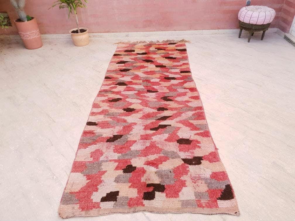 Vintage Moroccan rug 4.1x10.5 Stunning Boujaad rug, Checkered Boujad Rug, blush warm tones muted rug  living room rug