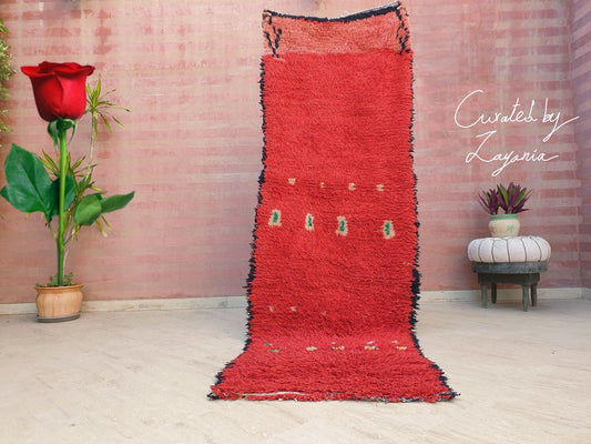 Vintage Moroccan Rug 3x9.2 Gorgeous Unique Red Boujaad Statement Runner Rug, red living room rug Abstract rug