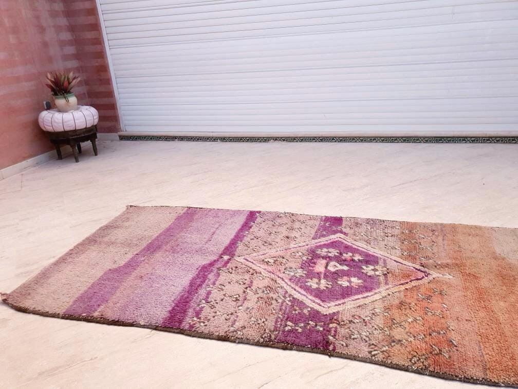 Vintage Moroccan Rug 3.9x8.5 Gorgeous Purple Peach Blush rug "Roses & Butterflies" Unique boujaad rug mauve purple rug