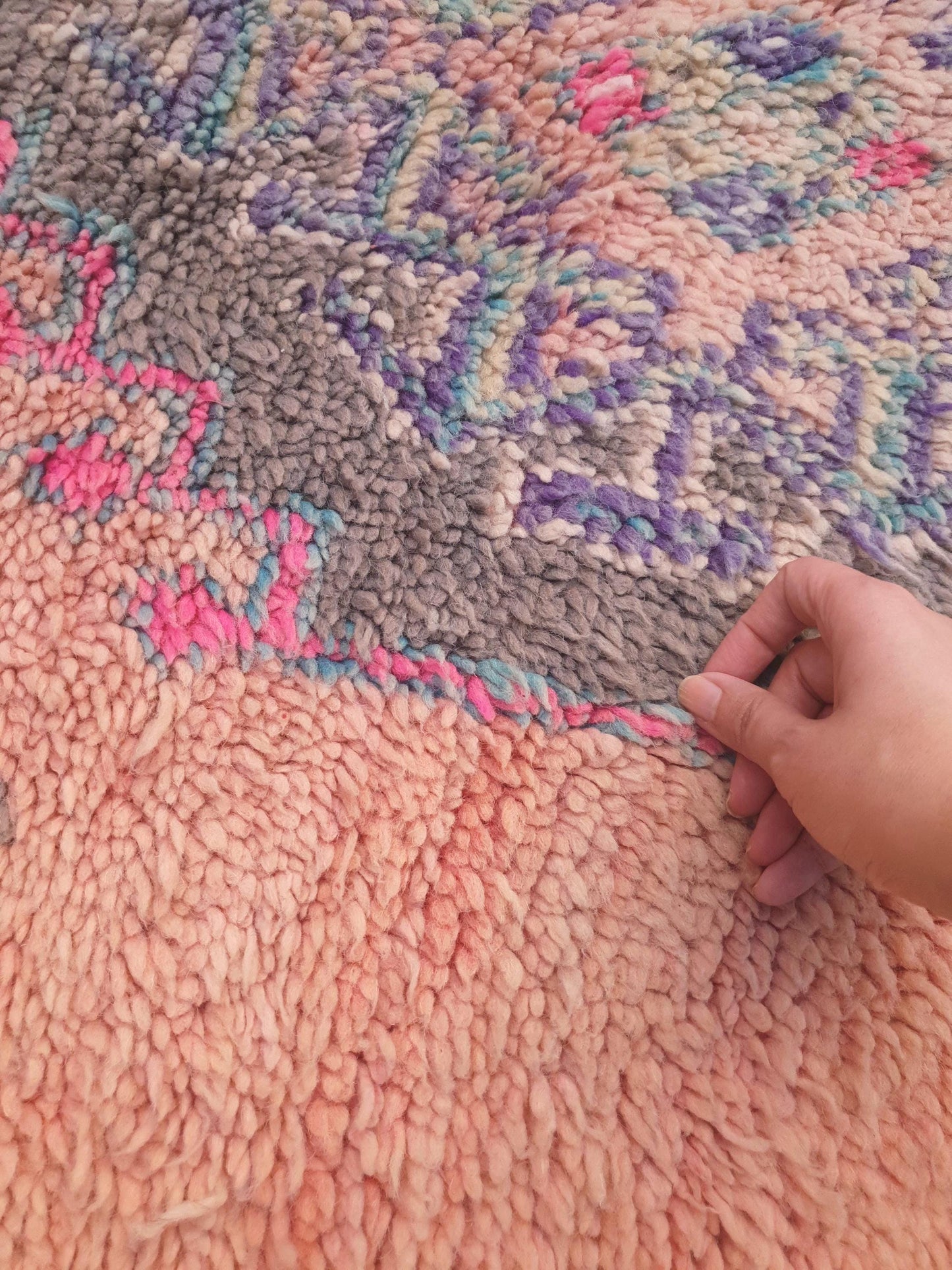 Vintage Moroccan Rug, Soft Blush Boujaad Runner 3.5x7.7 ft faded rose pastel rug, Tribal blue gray medallions, Handmade wool art