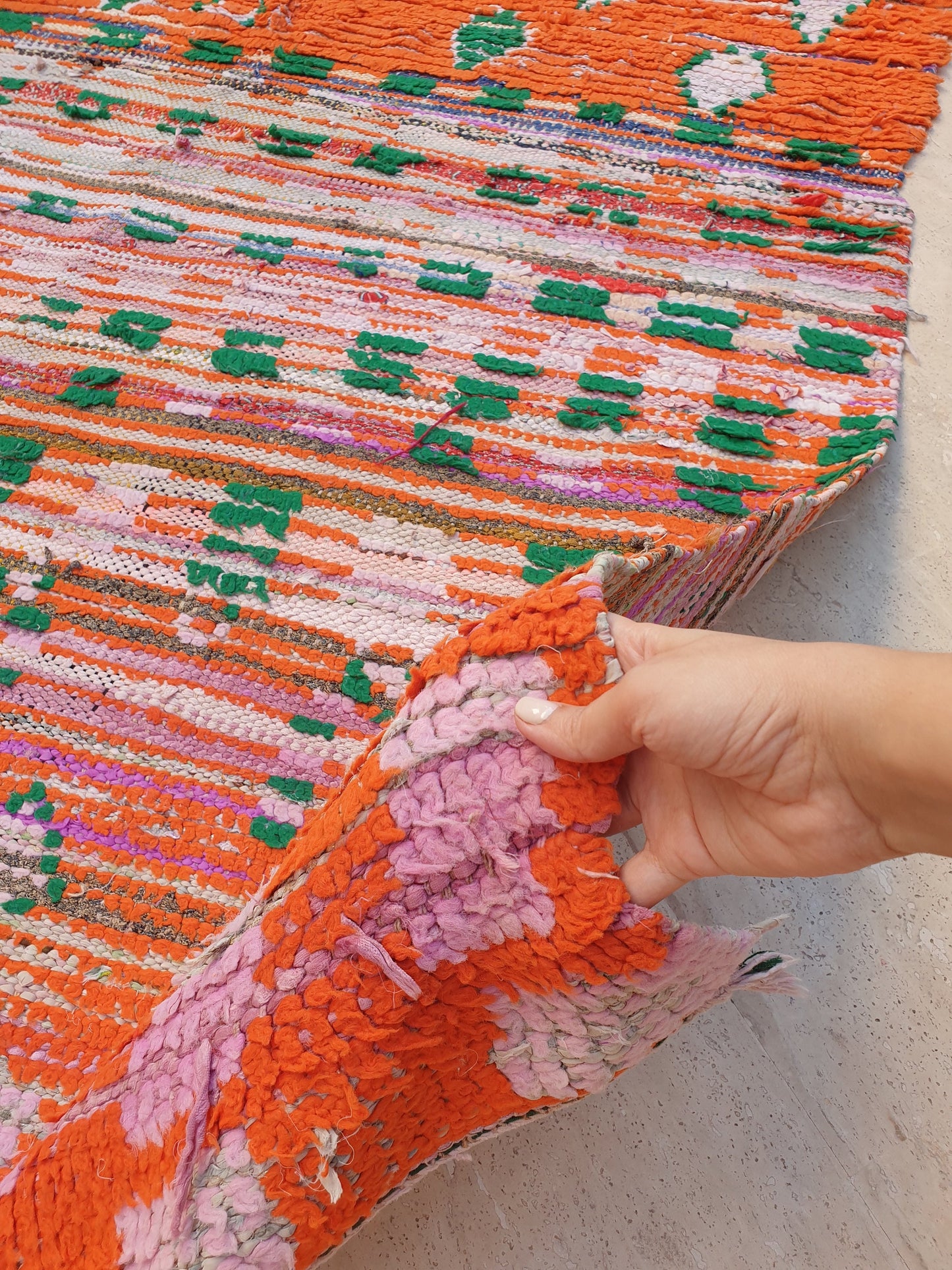 Vintage Moroccan Rug 5x6.7 Stunning Orange Super Unique Boujaad Rug, Green & Lilac Accents, abstract Living room rug