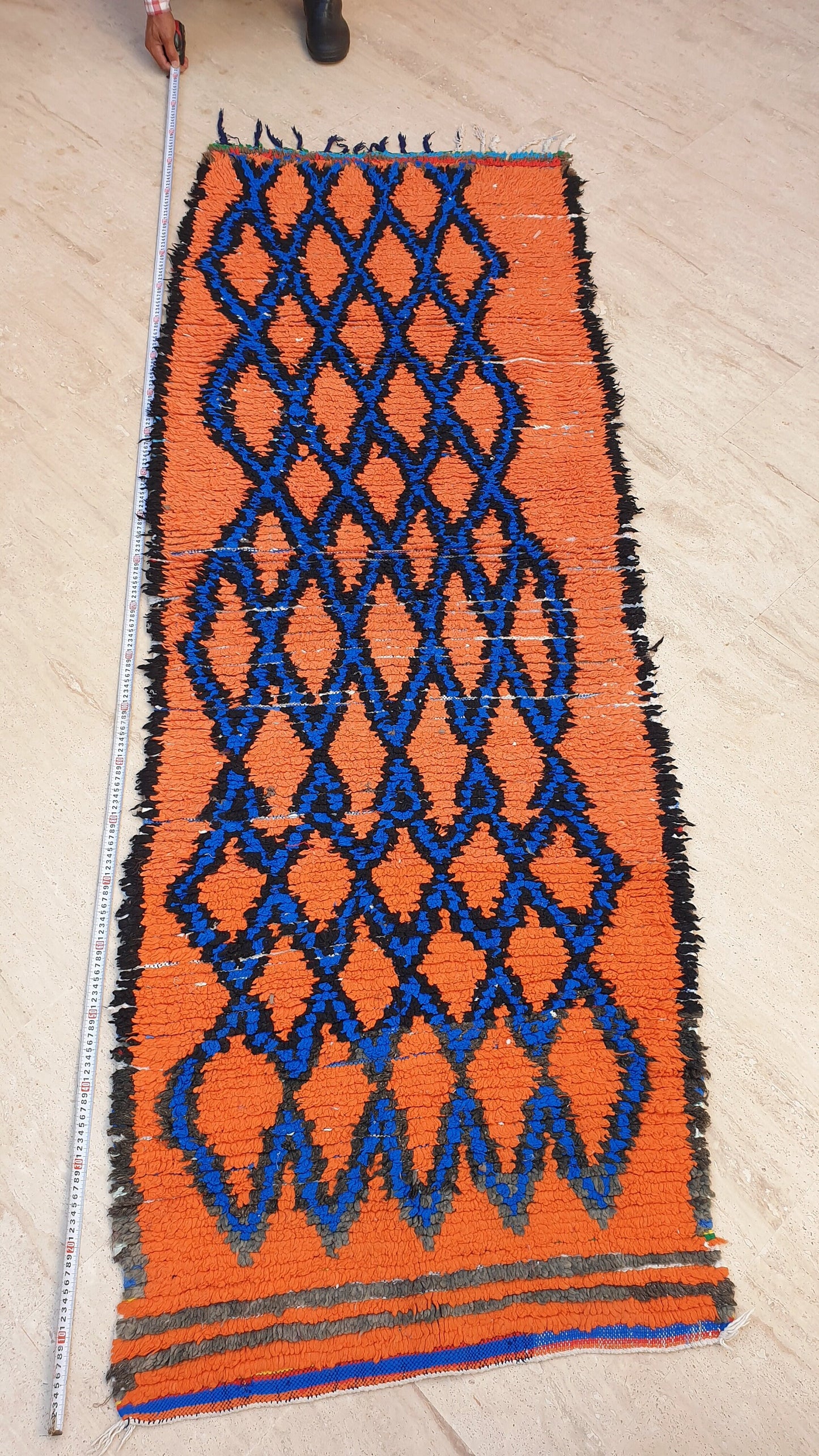 Stunning Moroccan Runner Rug 2.8x6.5 Super Pretty Boujaad rug, Artistic Blue Papaya Orange Geometric Hallway rug