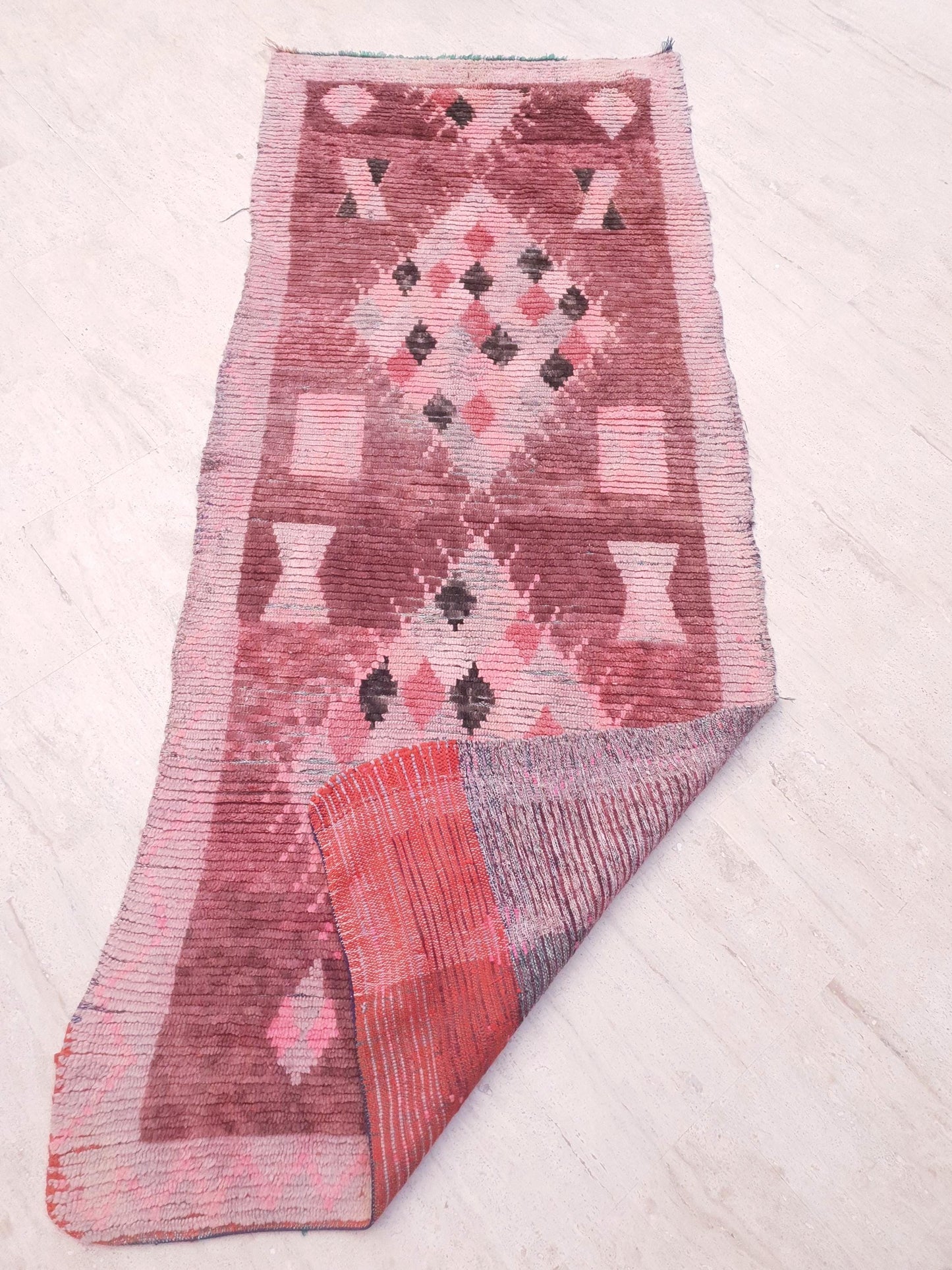 Vintage Moroccan Rug 3.5x8.5 Gorgeous Boujaad Blush Pink Brown rug, Beige Cream Hallway rug, Unique runner rug Authentic Berber Boujad rug