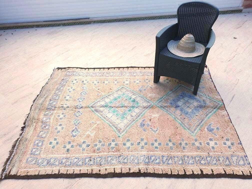 Vintage Moroccan Rug 5.4x7 Marvelous large cream rug Latté Boujaad Teal Beige rug, pastels morocan rug, squarish carpet