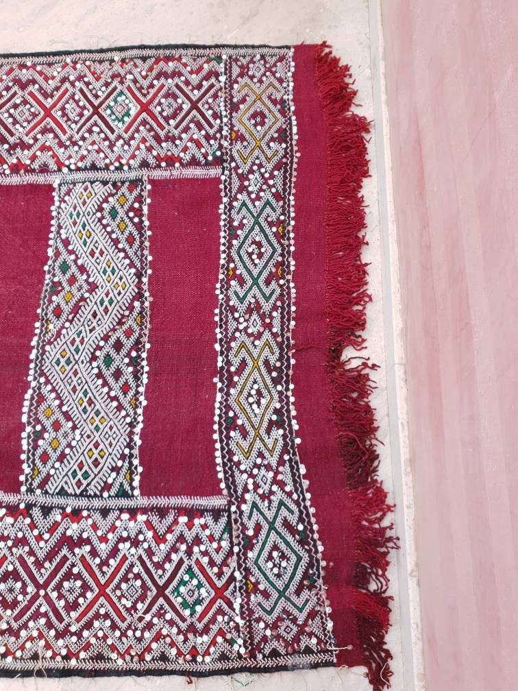 Vintage Sequined Berber Rug | 4x10 ft Maroon Moroccan Kilim Runner