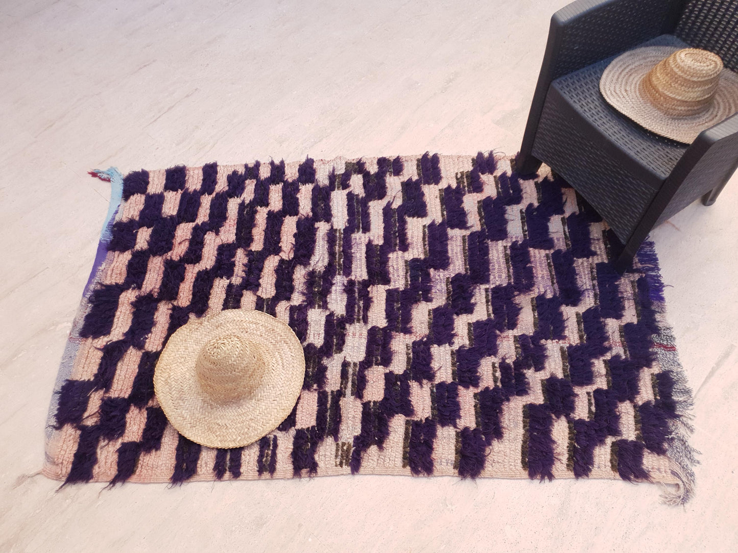Vintage Moroccan Rug, Unique Checkered Blush powder Pink and Purple Boujaad Rug boucherouite rug, Unique accent rug