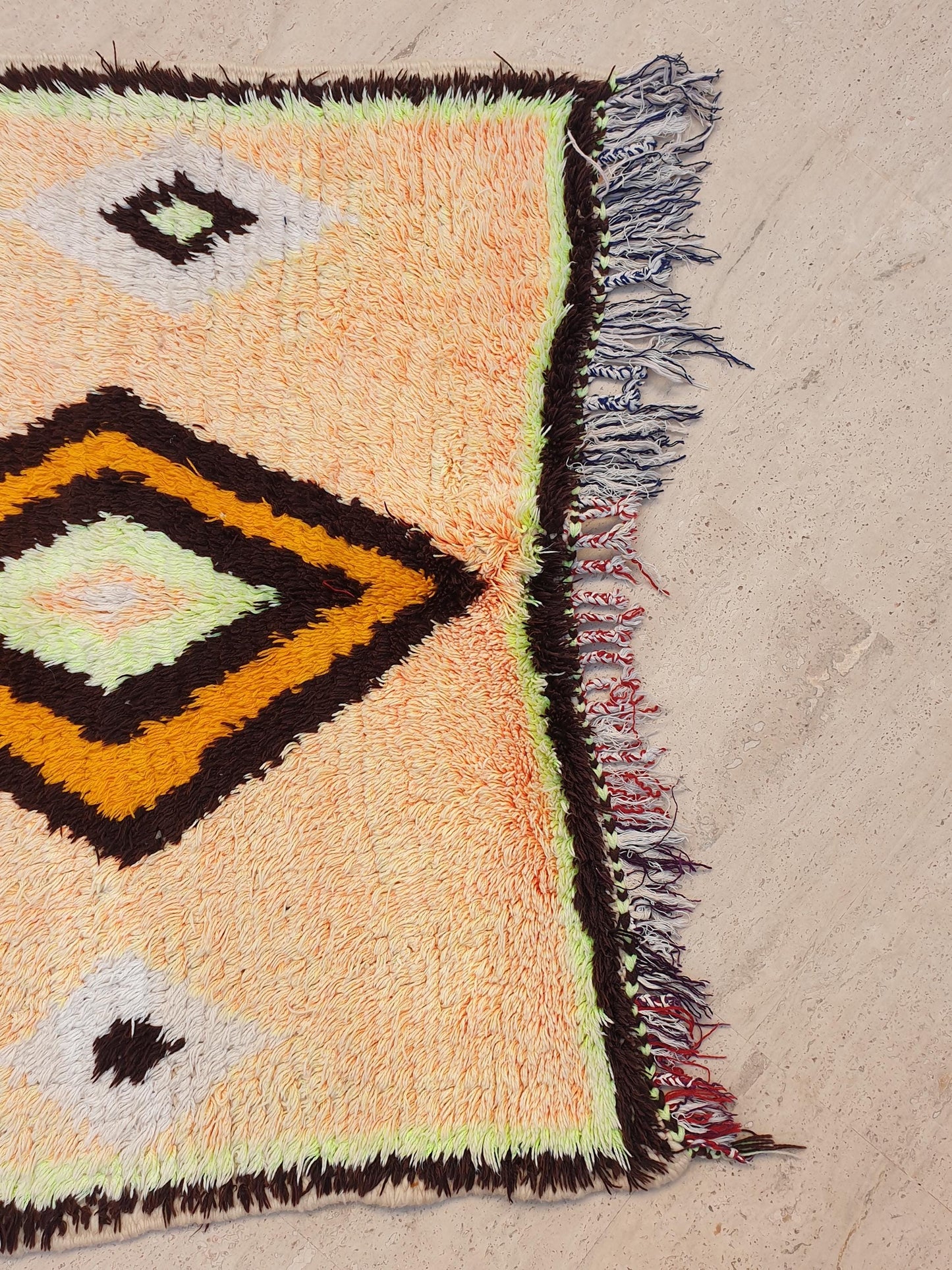 Vintage Moroccan Rug, Gelato Pastel Boujaad Accent Rug 3x4.7  Small Moroccan Rug, Peach Neon Yellow Bedroom Rug