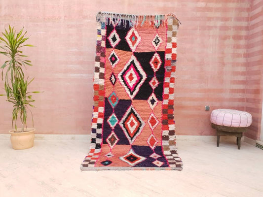 Vintage Berber Runner Rug, Black Pink Boujaad Moroccan Rug (3.6x7.8 ft)