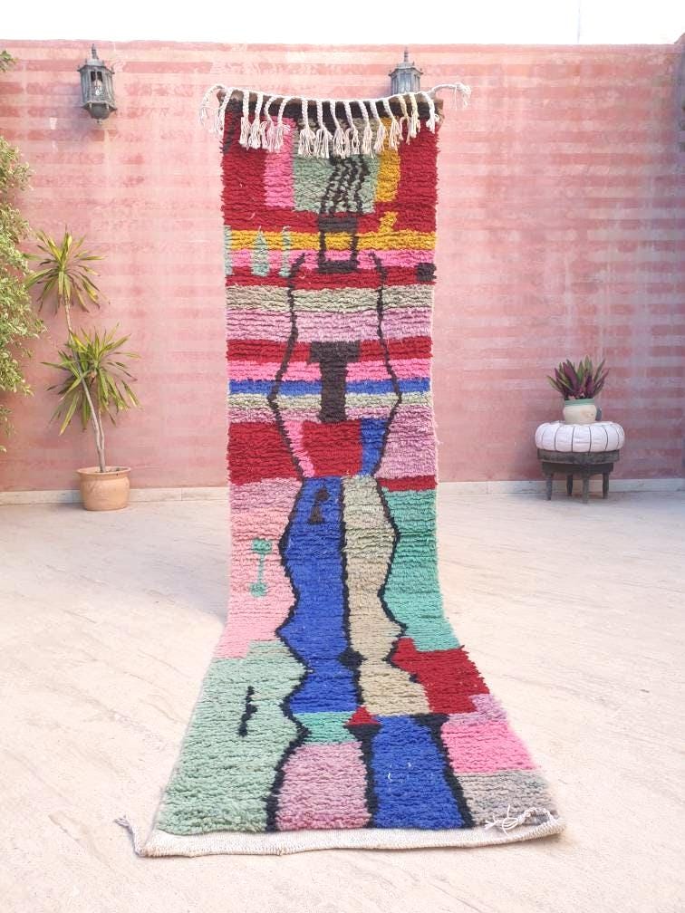Gorgeous Moroccan rug 2.3x9.5 "Cocktail Party" Colorful Wool Runner rug, retro style cute abstract hallway boujaad rug
