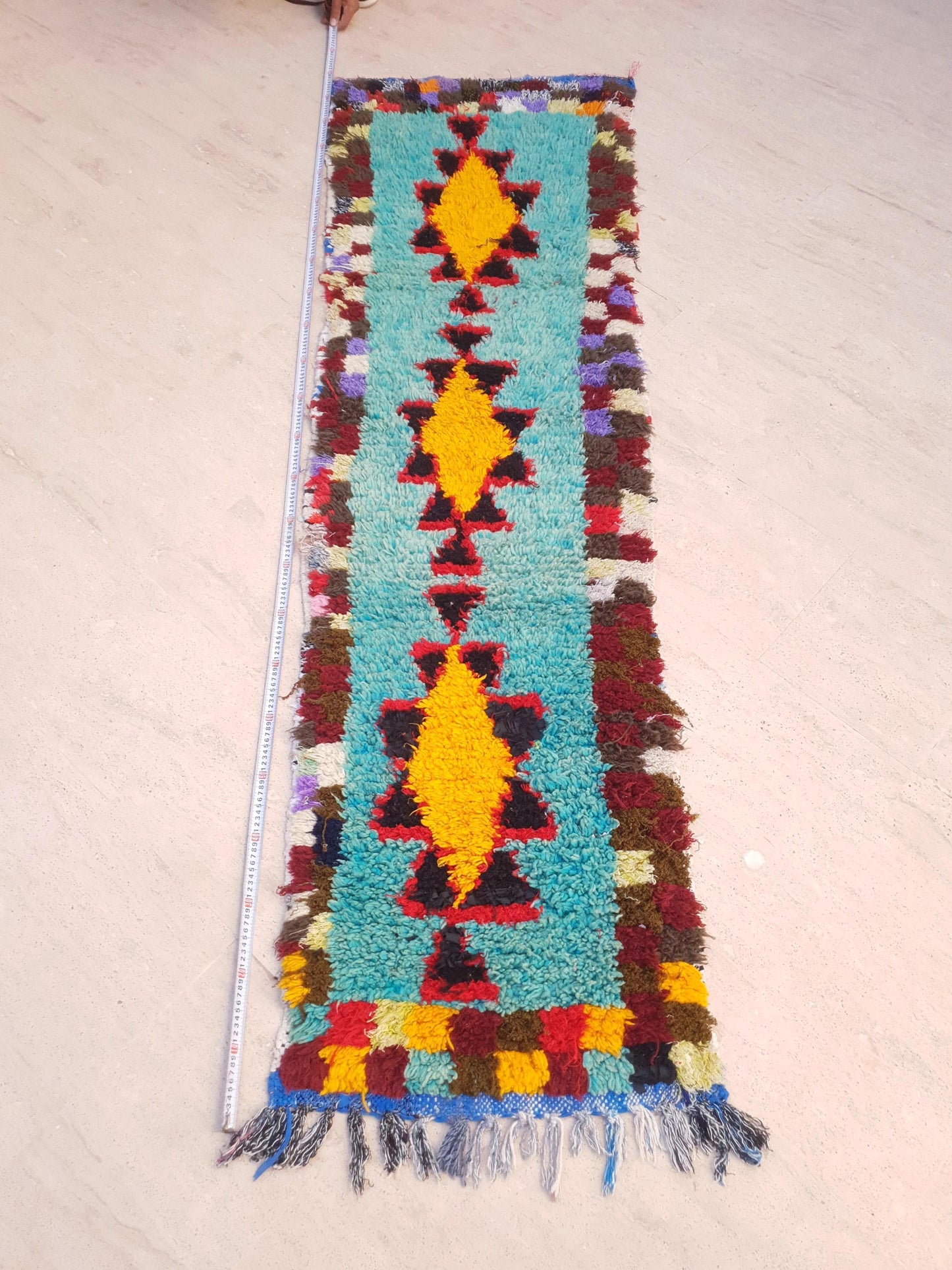 Turquoise Berber Hallway Runner Rug: Wool & Cotton Boujaad Rug, 2.2x8 ft