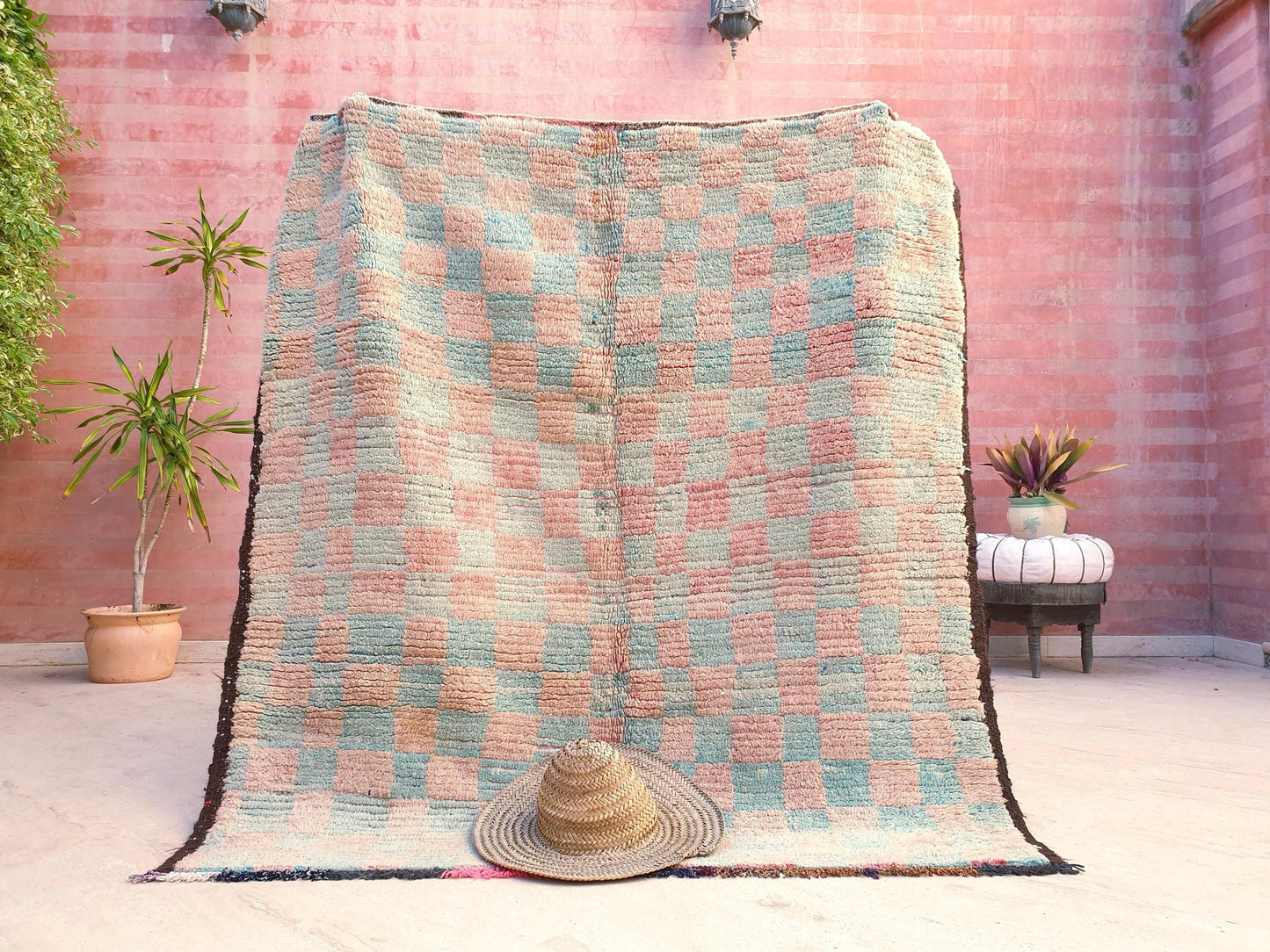 Pastel Checkered Boujaad Rug, 5.1x5.4 ft pastel aqua blush rug, Vintage Moroccan rug, Vintage Boujaad squarish rug