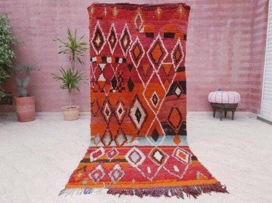 Vintage Moroccan rug 4.3x9.3 Gorgeous Boujaad Rug, Red Orange Collector Morrocan rug, colorful rug vintage area rug