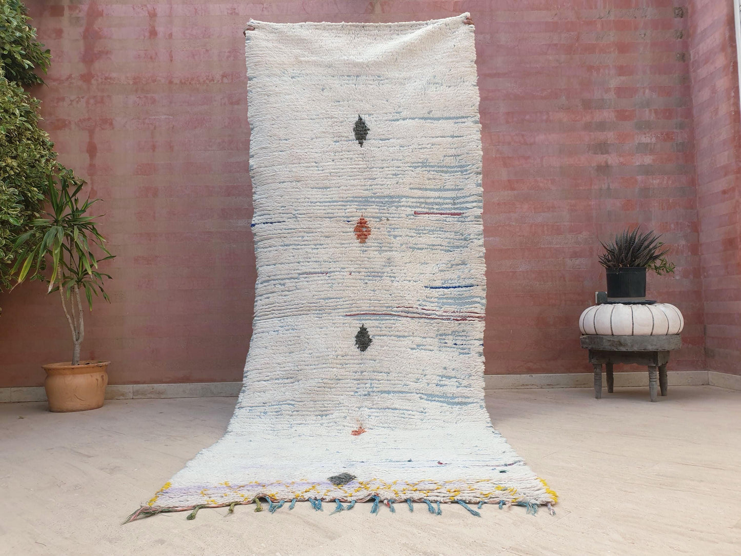 Stunning Moroccan Runner Rug 3.5x9  Ivory Cream, Sky Blue White boucherouite wool rug