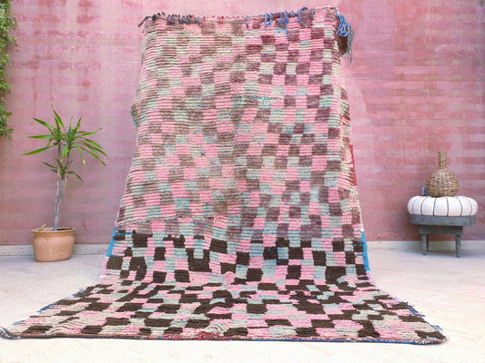 Vintage Moroccan rug 5.3x8.6 Gorgeous Blush Pink checkered rug, Boujaad area rug colorful Abstract pink brown rug