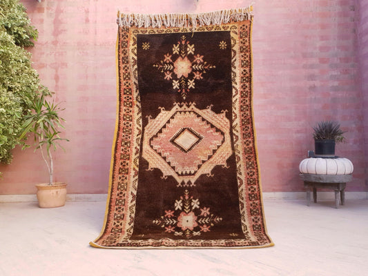 Vintage Moroccan Boujaad Rug, 3.8x7 Chocolate, Blush, and Mustard Taznakht Rug