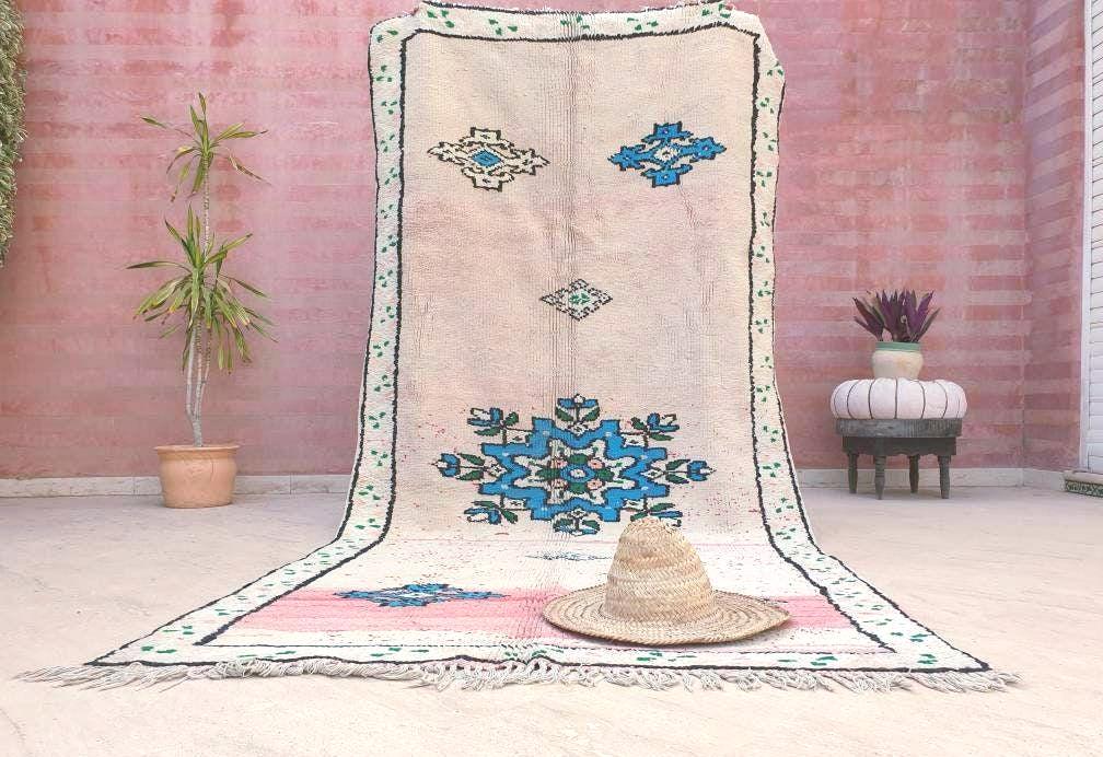 Vintage Moroccan Rug 4.6x10 Stunning pink White Boujaad Rug, unique tribal morocco rug, large boujad rug