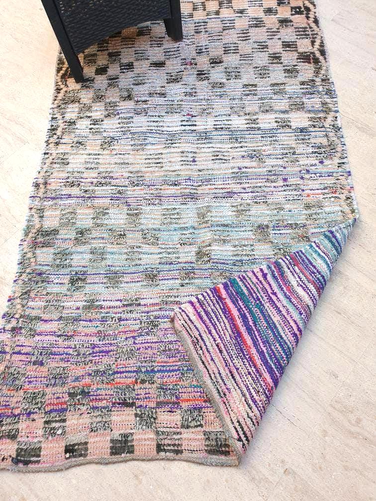 Vintage Moroccan Rug 4.2x7.1 Gorgeous Blush Checkered Boujaad Rug | living room rug | Purple Peach checkered Area Rug