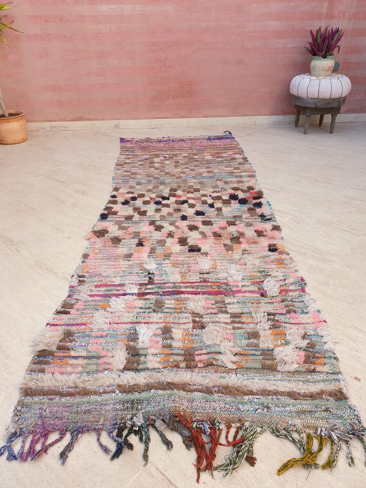 Vintage Moroccan rug 3.3x10 Gorgeous Blush earth tones Checkered rug | Pinl Brown Boujaad rug, boujad statement piece