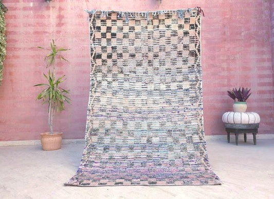 Vintage Moroccan Rug 4.2x7.1 Gorgeous Blush Checkered Boujaad Rug | living room rug | Purple Peach checkered Area Rug