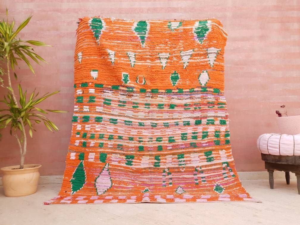 Vintage Moroccan Rug 5x6.7 Stunning Orange Super Unique Boujaad Rug, Green & Lilac Accents, abstract Living room rug