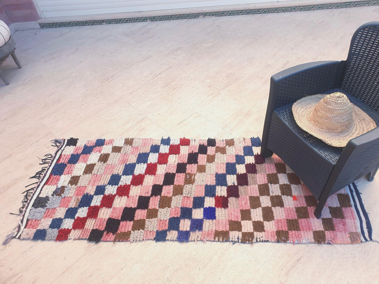 Gorgeous Moroccan Runner Rug • 2.5ft x 6.6ft • Checkered Boujaad Rug • Blush Brown Pink rug • Colorful Boucherouite rug