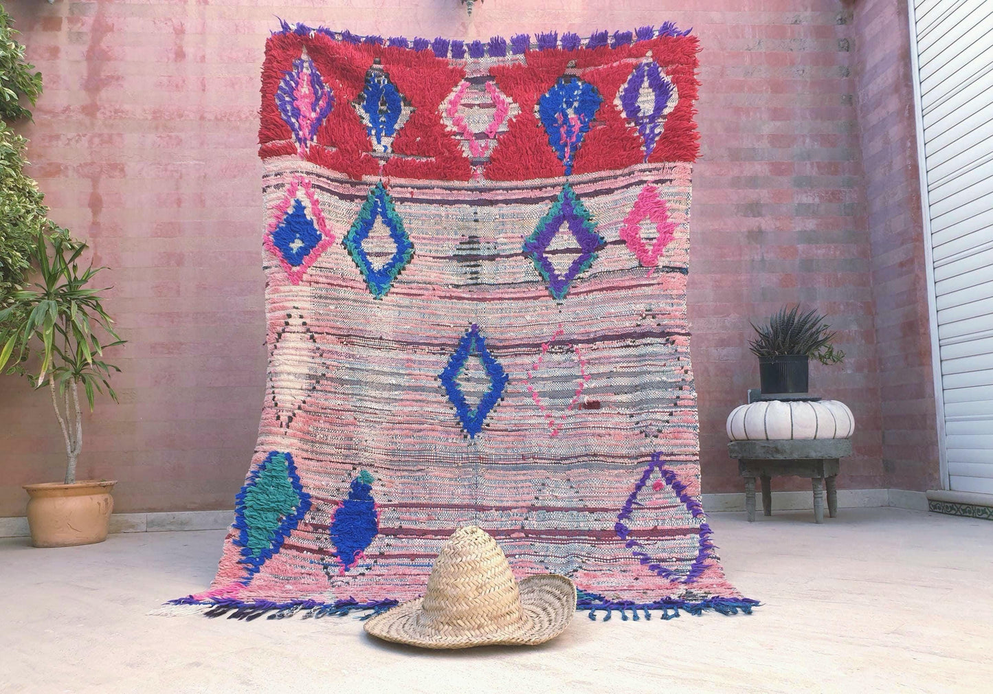 Vintage Moroccan Rug 4.5x6.7 Gorgeous Abstract boujaad Rug large bedroom rug living room rug, Pink red rug
